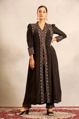 Black ajrakh embellished v neck slit kurta with pants