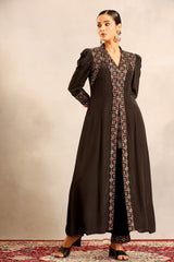 Black ajrakh embellished v neck slit kurta with pants