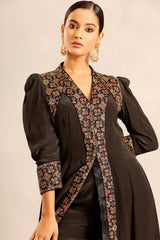 Black ajrakh embellished v neck slit kurta with pants