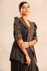Black ajrakh embroidered jacket with drape skirt