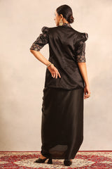Black ajrakh embroidered jacket with drape skirt
