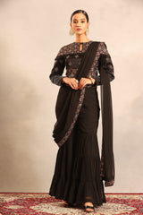 black ajrakh embellished ajrakh blouse with sharara and attched dupatta