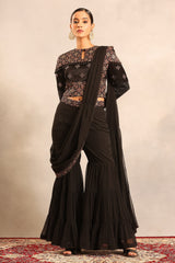 black ajrakh embellished ajrakh blouse with sharara and attched dupatta