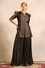 Black ajrakh embellished peplum jacket with flare pants