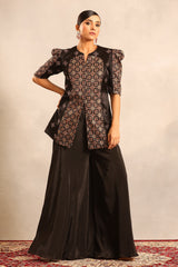 Black ajrakh embellished peplum jacket with flare pants