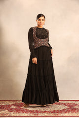 Black ajrakh embroidered full sleeve gathered dress