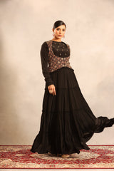 Black ajrakh embroidered full sleeve gathered dress