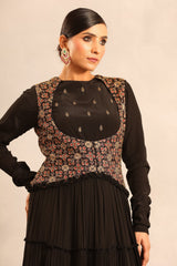Black ajrakh embroidered full sleeve gathered dress