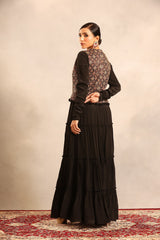 Black ajrakh embroidered full sleeve gathered dress