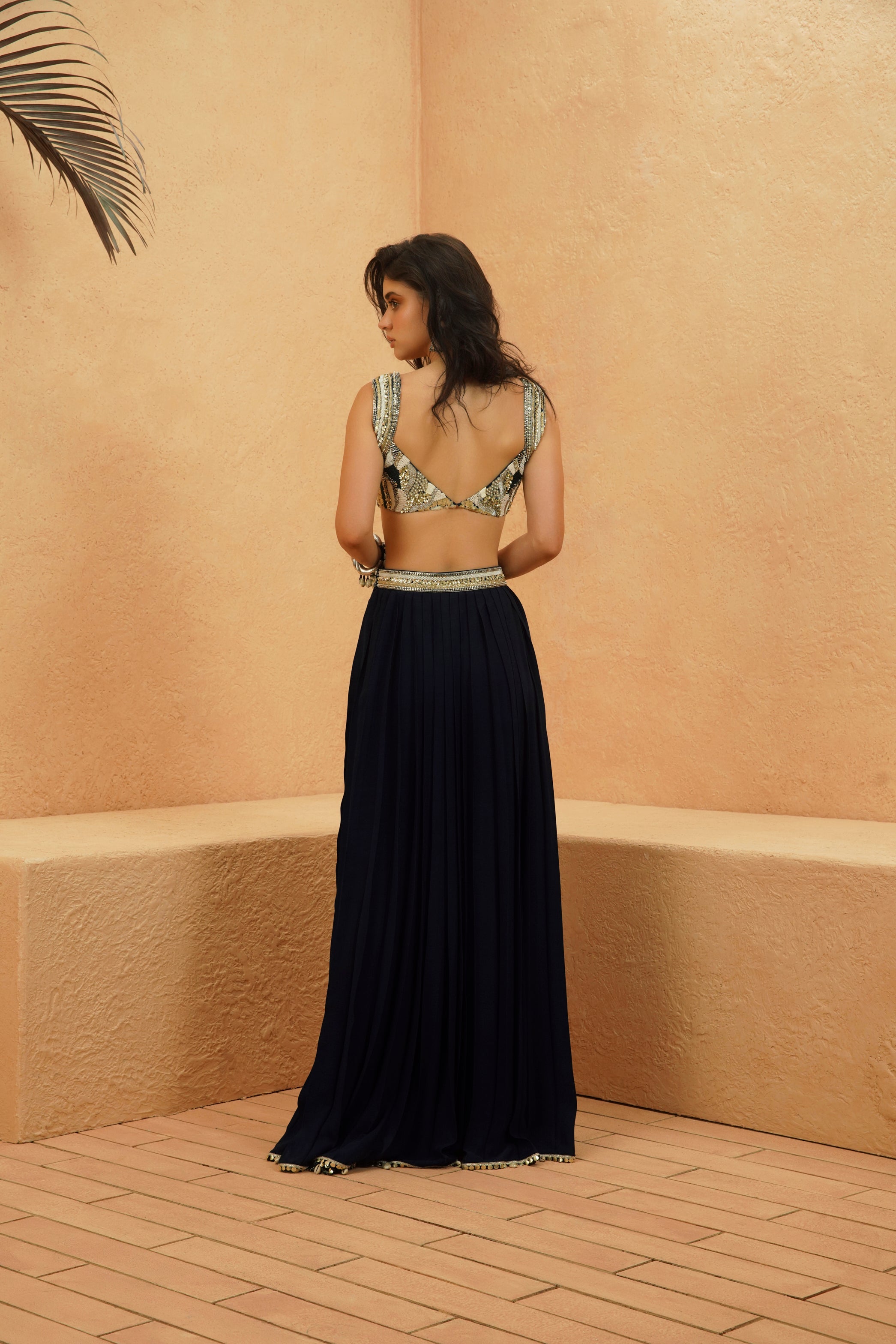 FEZ EMBELLISHED BUSTIER AND PLEATED SKIRT