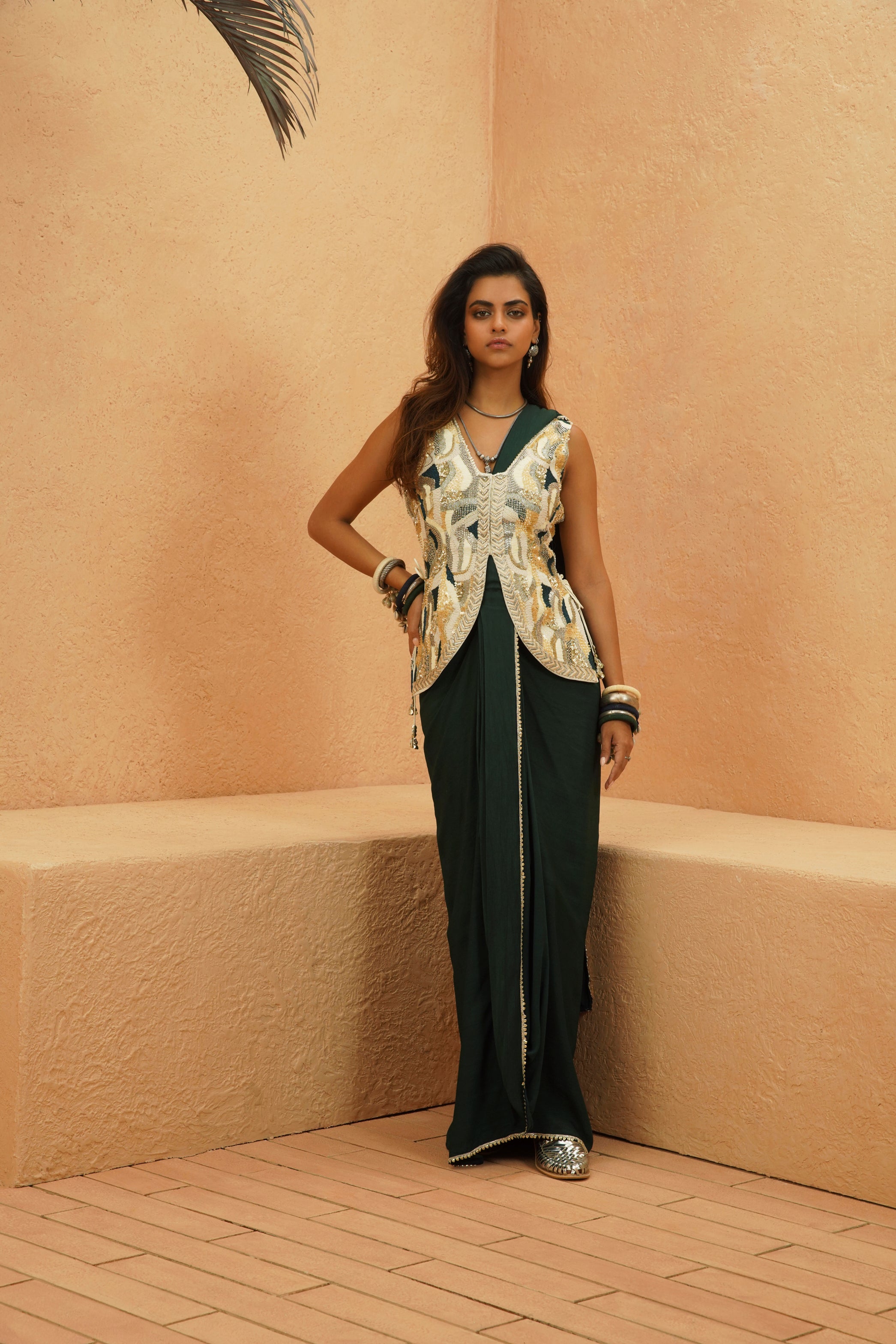 ZAYNAB EMBELLISHED WAISTCOAST WITH EMRALD DRAPE SAREE