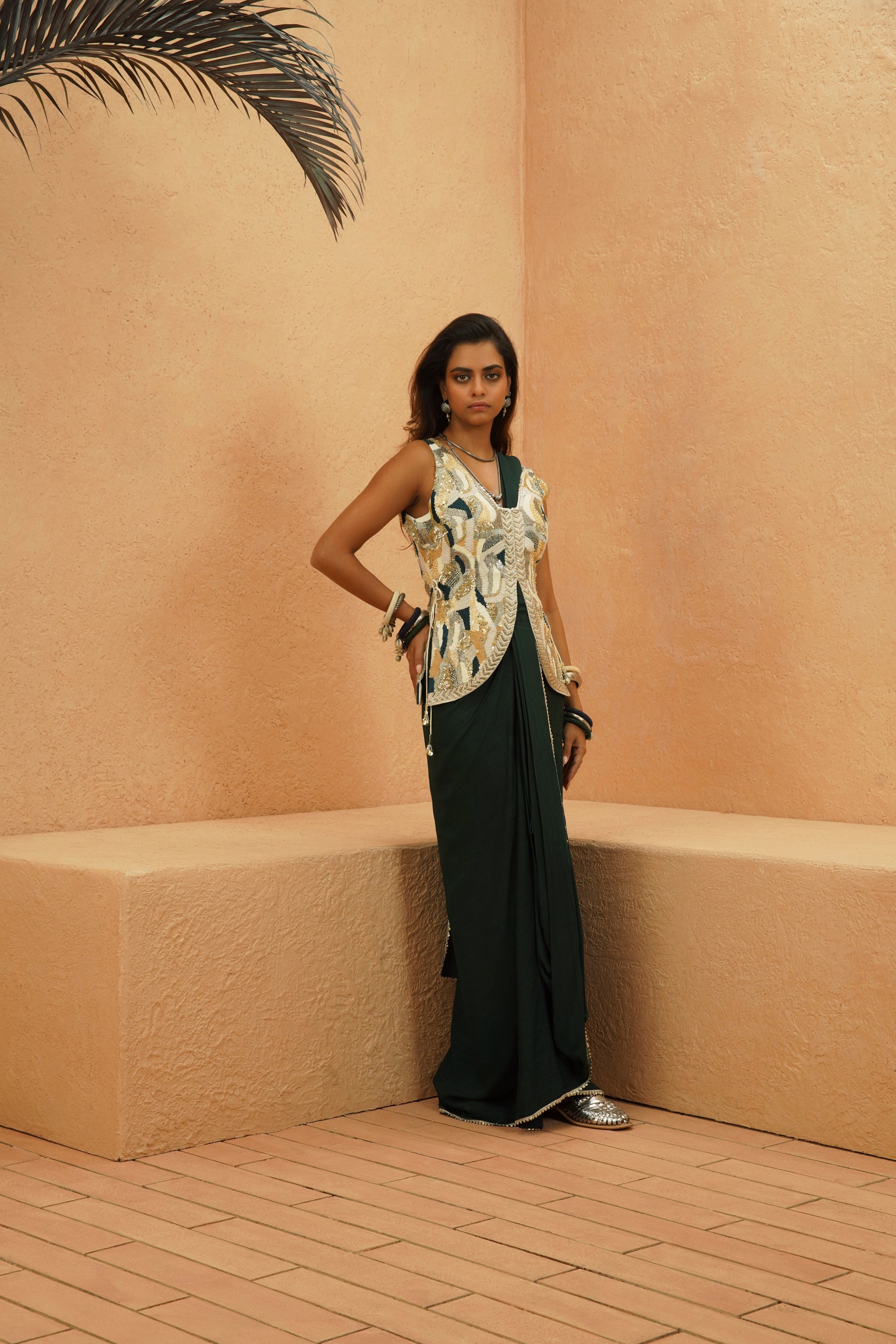 ZAYNAB EMBELLISHED WAISTCOAST WITH EMRALD DRAPE SAREE
