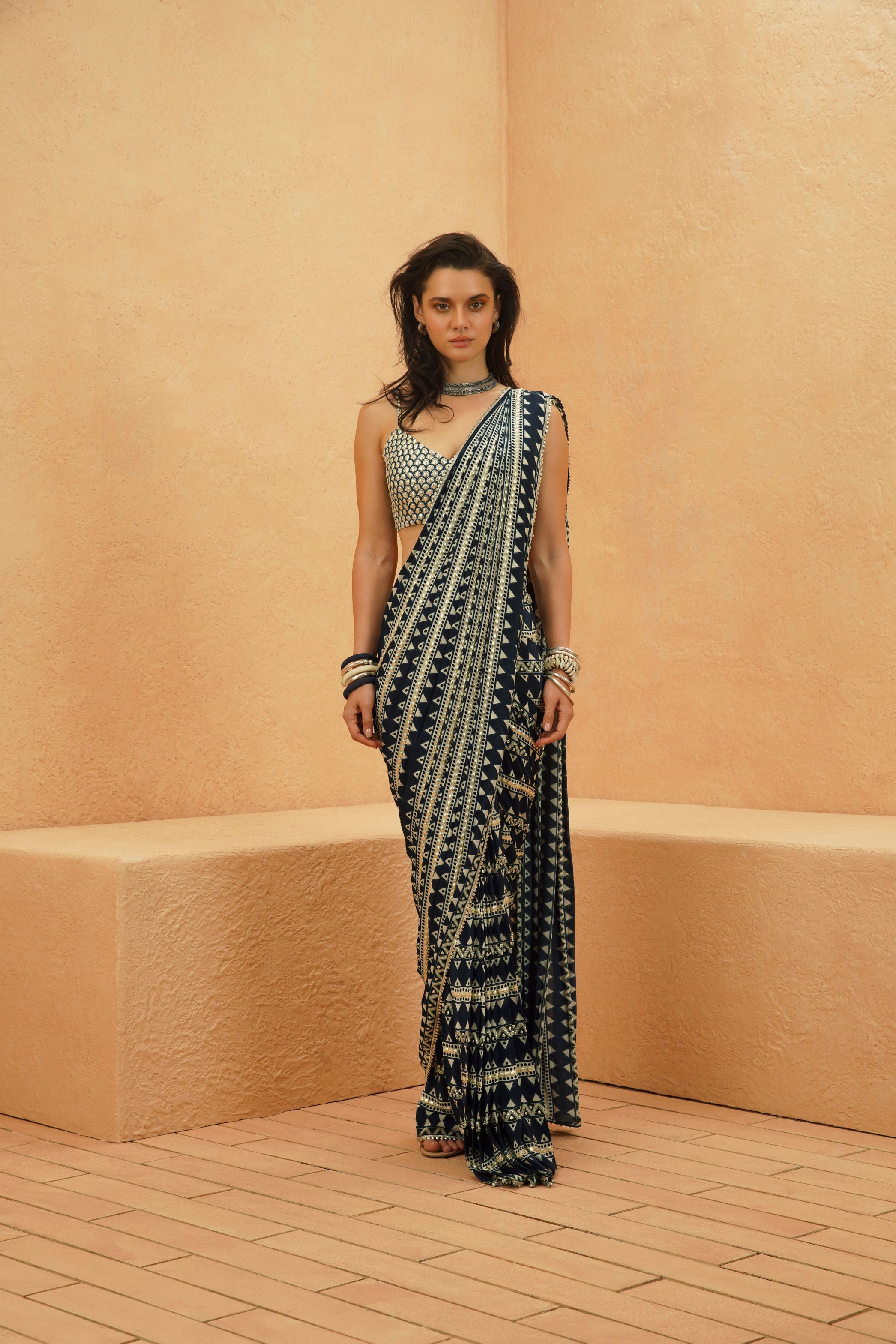 FARIHA EMBELLISHED SAREE WITH METALLIC BLOUSE AND CAPE JACKET