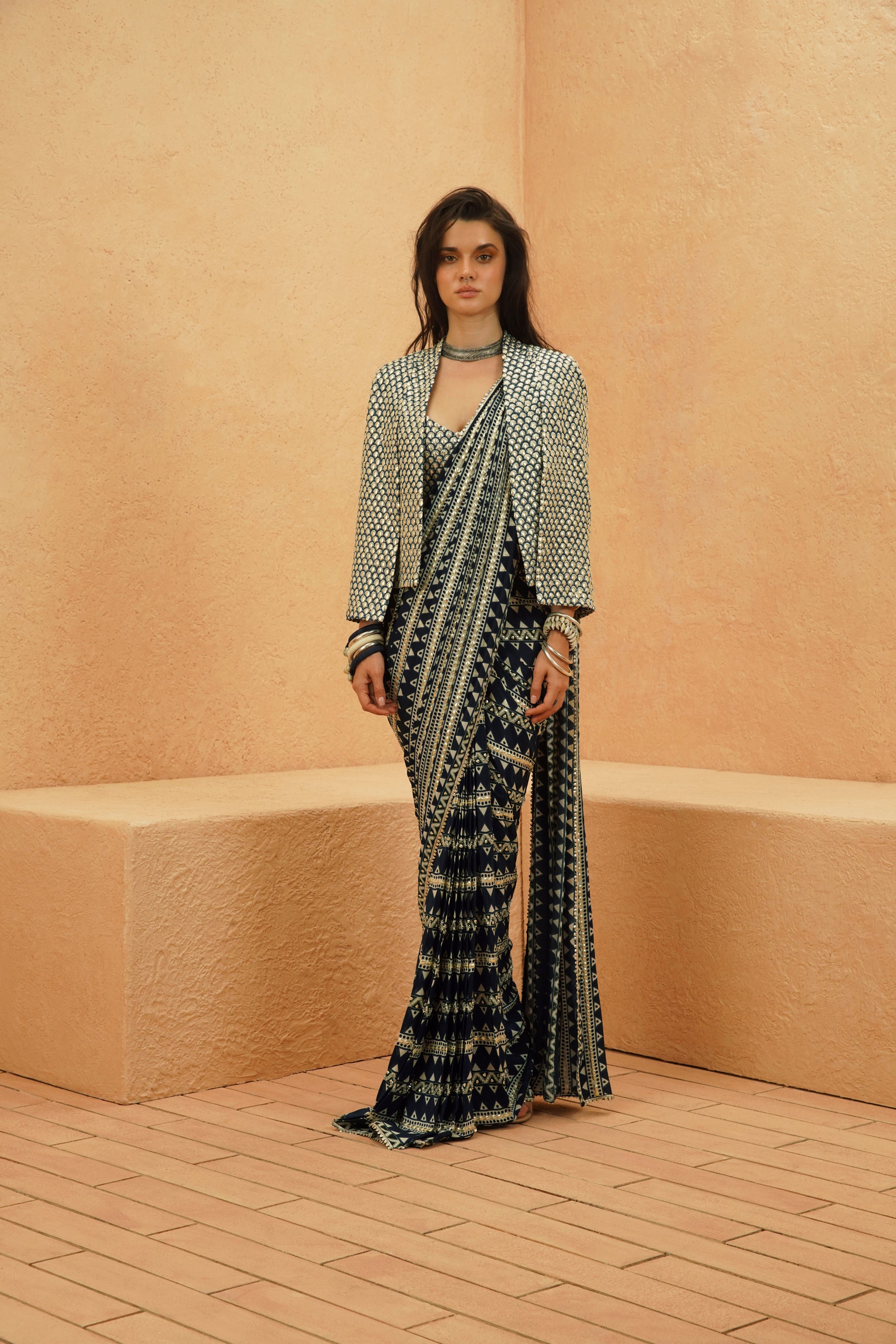 FARIHA EMBELLISHED SAREE WITH METALLIC BLOUSE AND CAPE JACKET