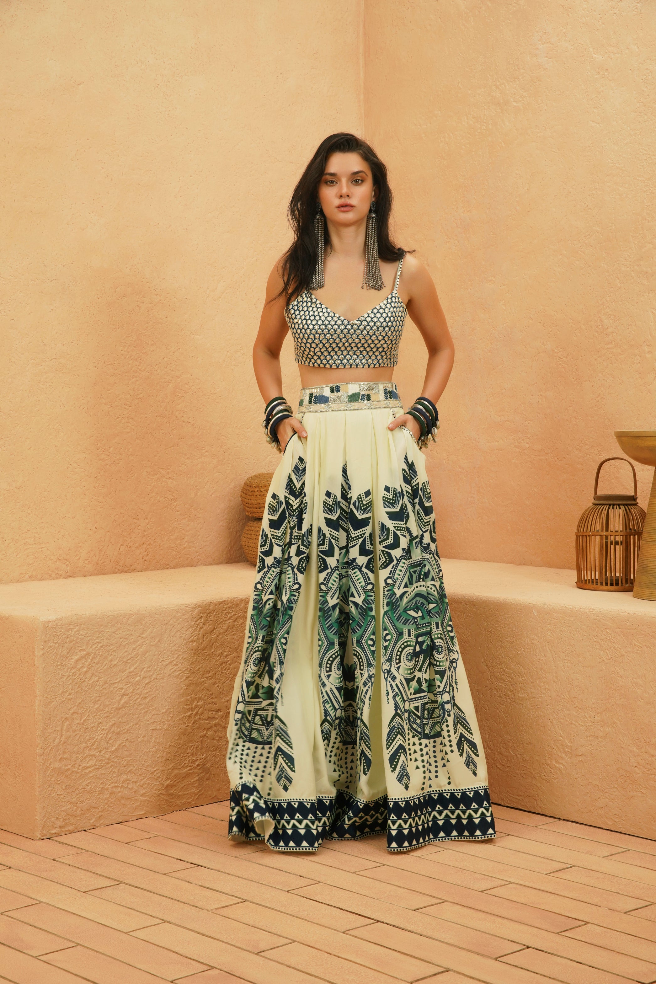 AFREEN MASK PLEATED SKIRT WITH METALLIC BUSTIER