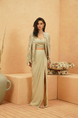 IMANI EMBELLISHED CAPE WITH METALLIC  BUSTIER  WITH DRAPE SKIRT