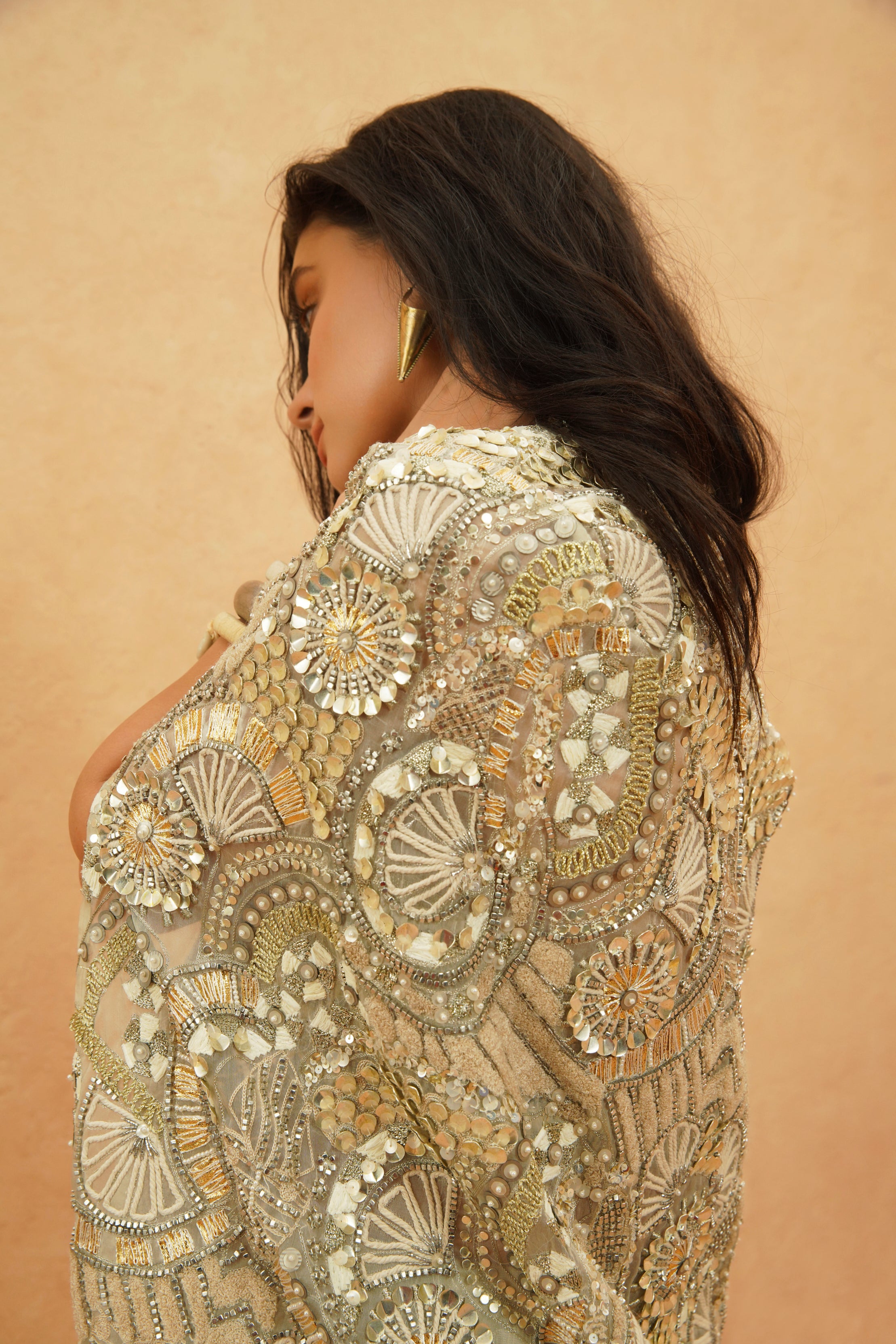 IMANI EMBELLISHED CAPE WITH METALLIC  BUSTIER  WITH DRAPE SKIRT