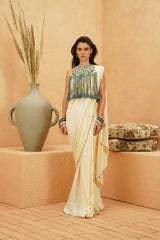 SAMI IVORY SAREE WITH EMBELLISHED FRINGE BIB