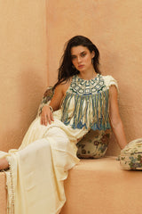 SAMI IVORY SAREE WITH EMBELLISHED FRINGE BIB
