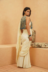 SAMI IVORY SAREE WITH EMBELLISHED FRINGE BIB