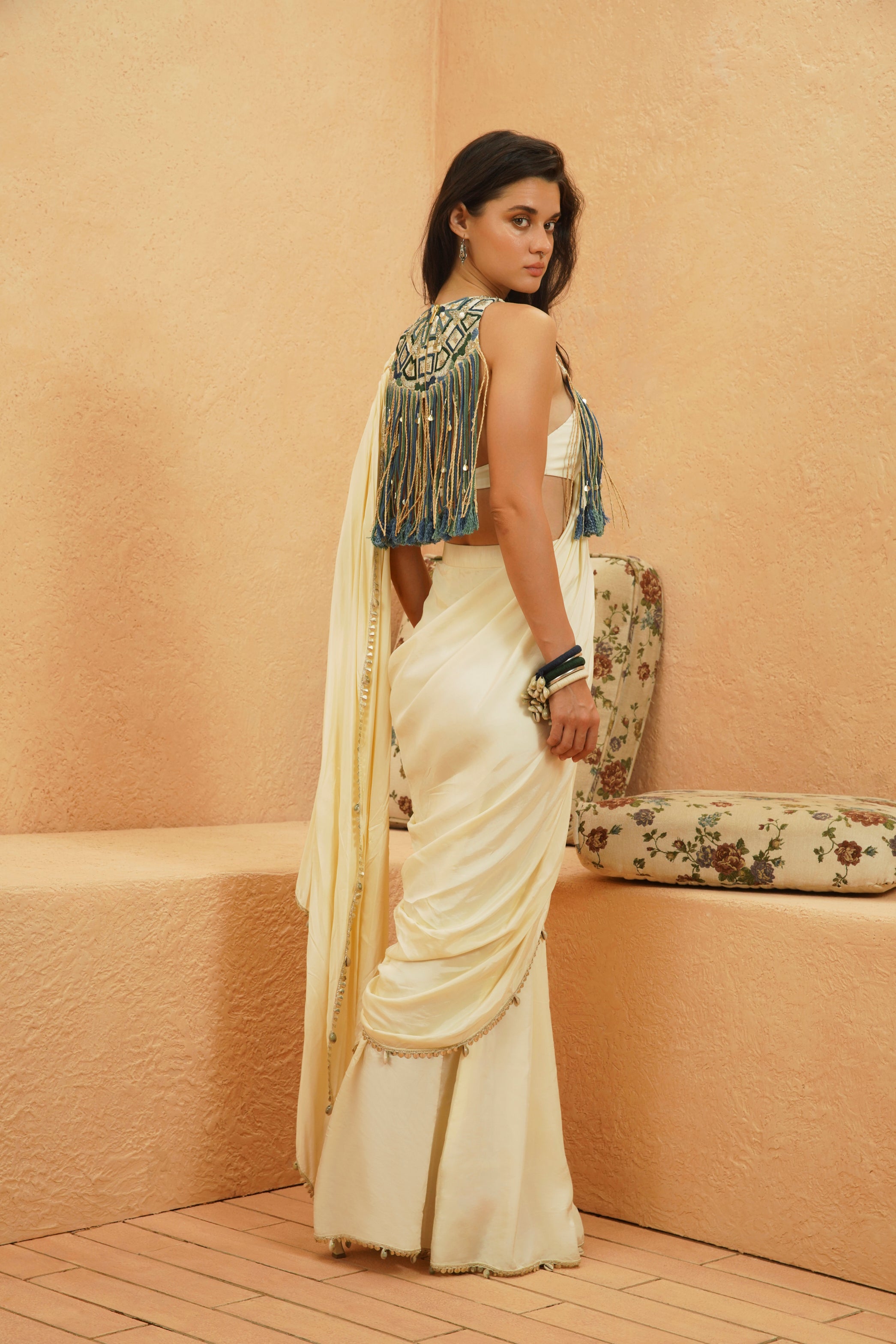 SAMI IVORY SAREE WITH EMBELLISHED FRINGE BIB