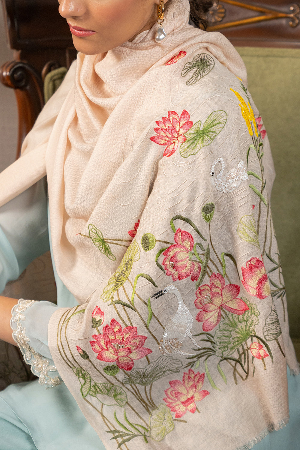 Sacred Lotus & the Swan | Embroidered Fine Wool Silk Stole