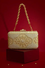 Sehra Pearl Embroidered Clutch - Beige