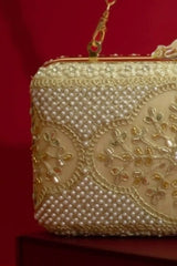 Sehra Pearl Embroidered Clutch - Beige