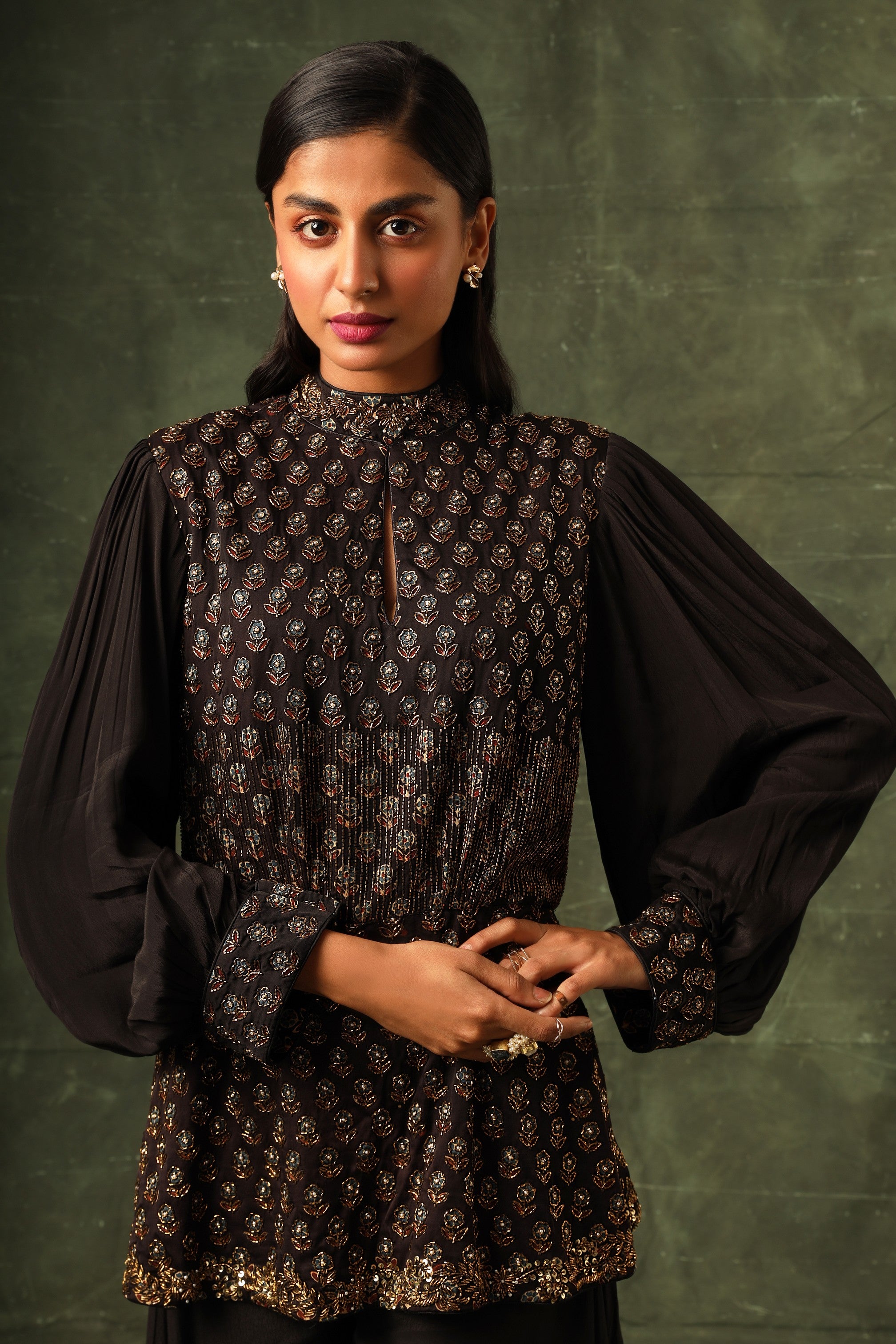 Black Ajrakh peplum top with flare pants