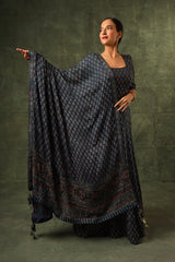 Blue Ajrakh anarkali with dupatta