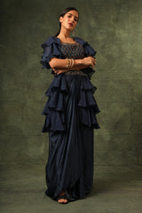 Blue Ajrakh blouse and layered jacket with embroiderd waisrband and drape dhoti