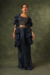 Blue Ajrakh blouse and layered jacket with embroiderd waisrband and drape dhoti