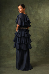 Blue Ajrakh blouse and layered jacket with embroiderd waisrband and drape dhoti