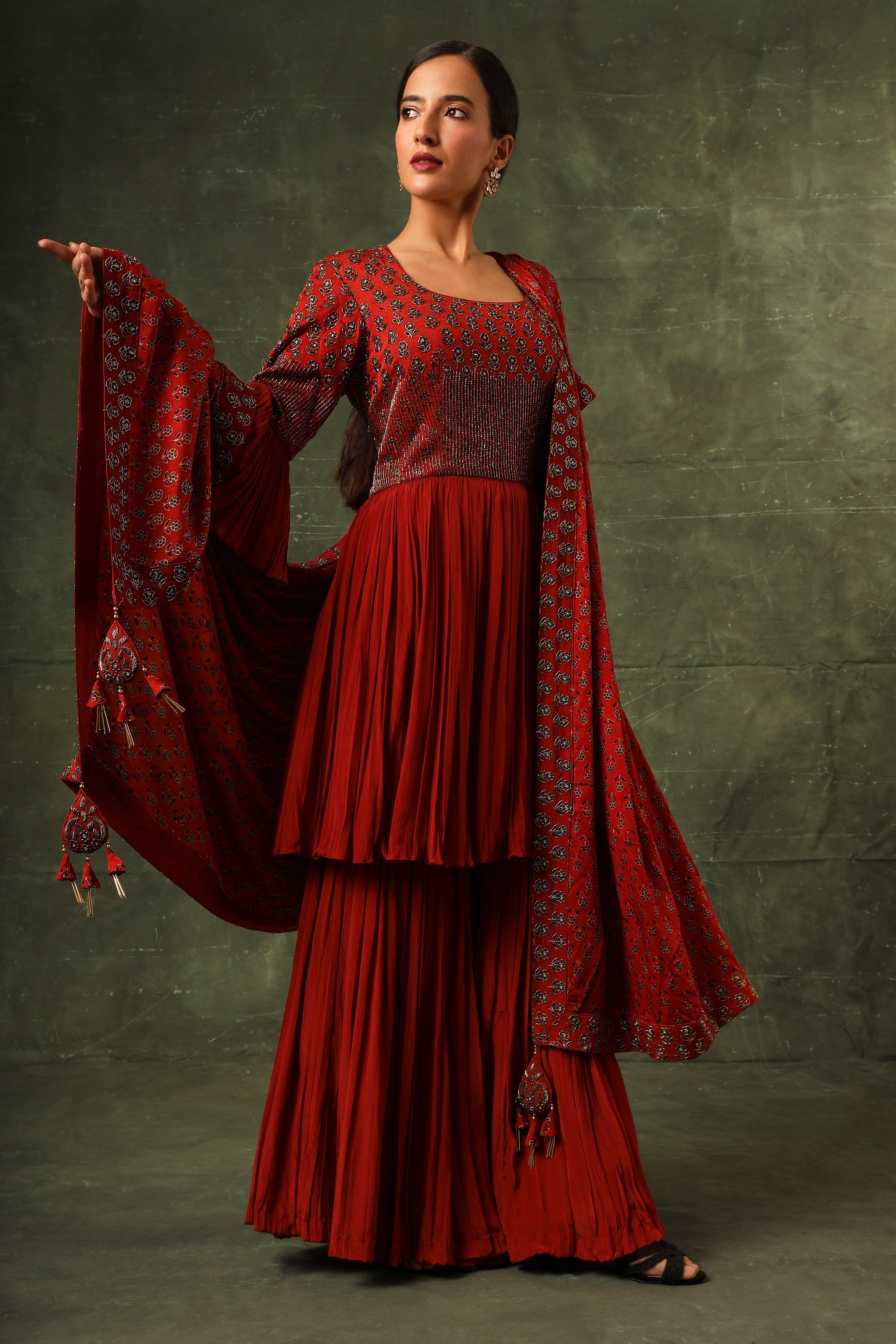 Red ajrakh gathered kurta and sharara with ajrakh dupatta