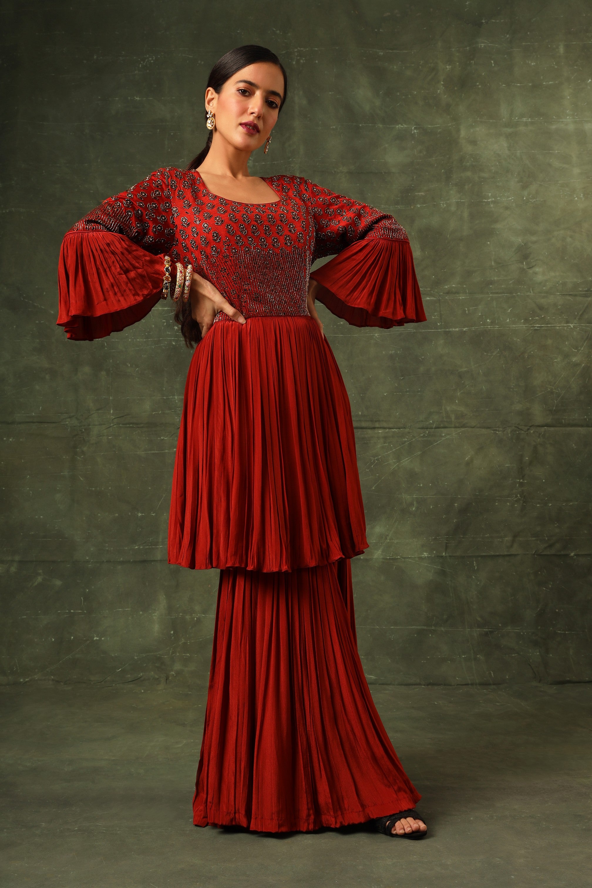 Red ajrakh gathered kurta and sharara with ajrakh dupatta