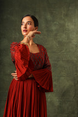 Red ajrakh gathered kurta and sharara with ajrakh dupatta
