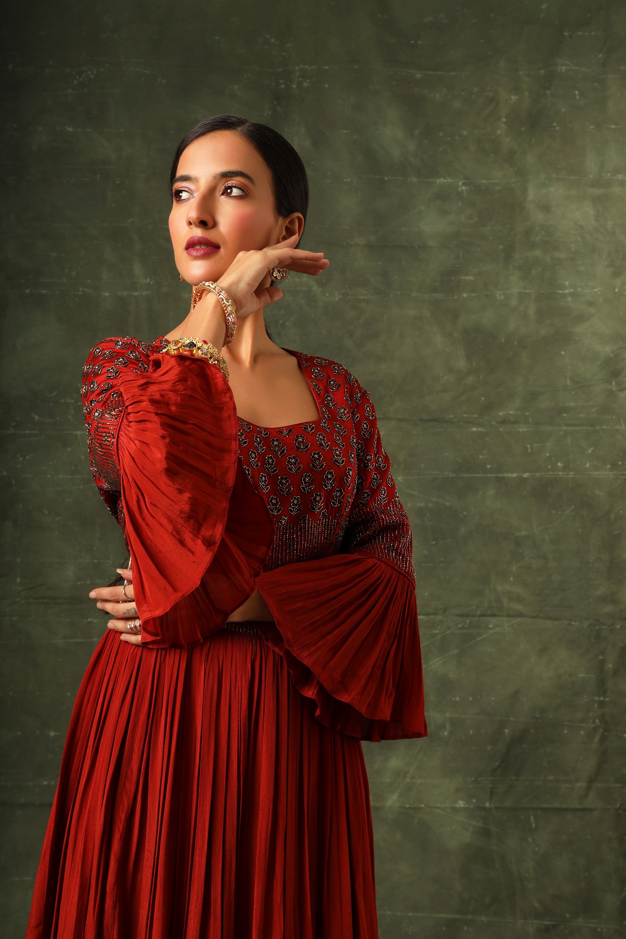Red ajrakh gathered kurta and sharara with ajrakh dupatta