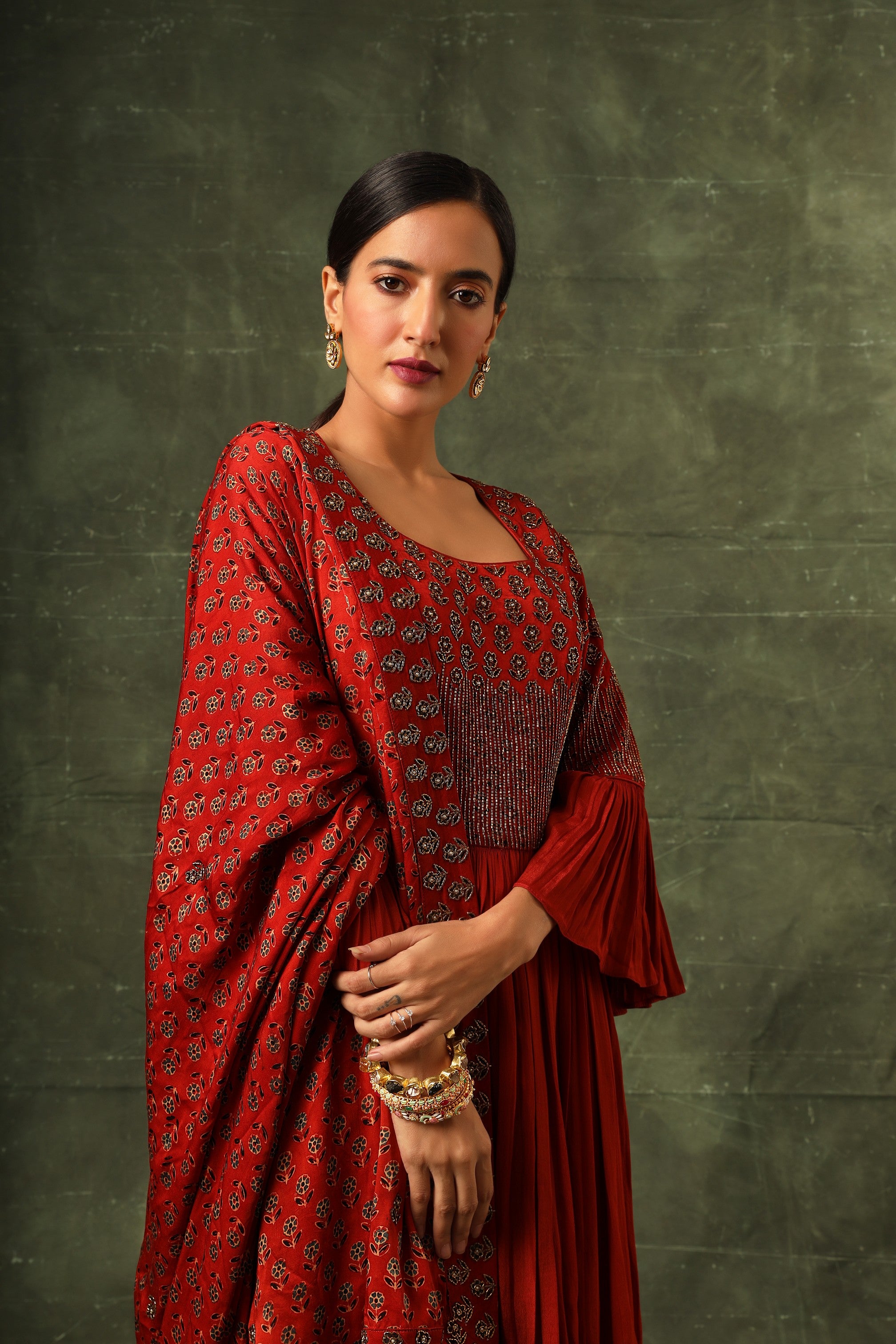 Red ajrakh gathered kurta and sharara with ajrakh dupatta