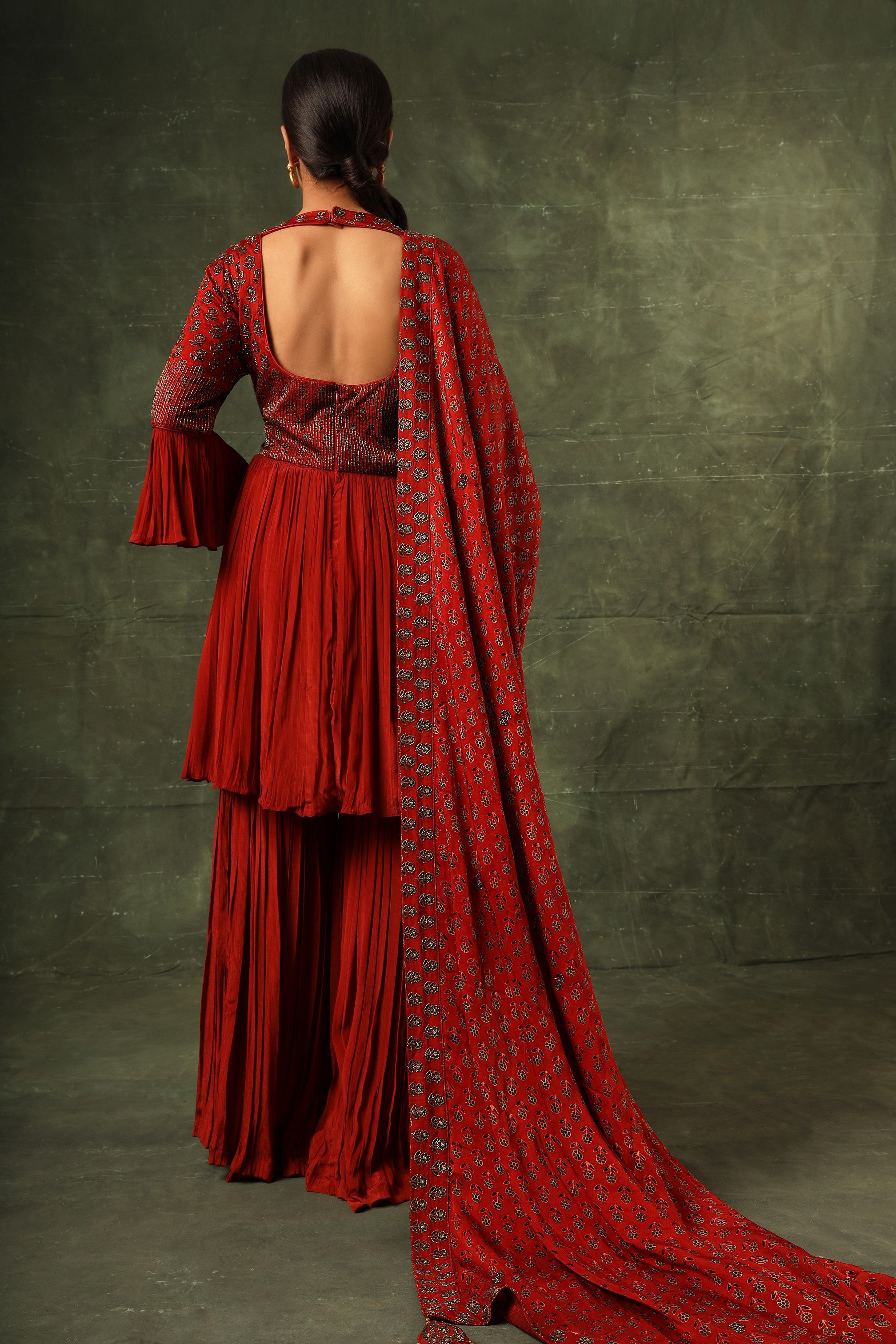 Red ajrakh gathered kurta and sharara with ajrakh dupatta