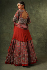 Red ajrakh blouse and lehenga with ruffled dupatta