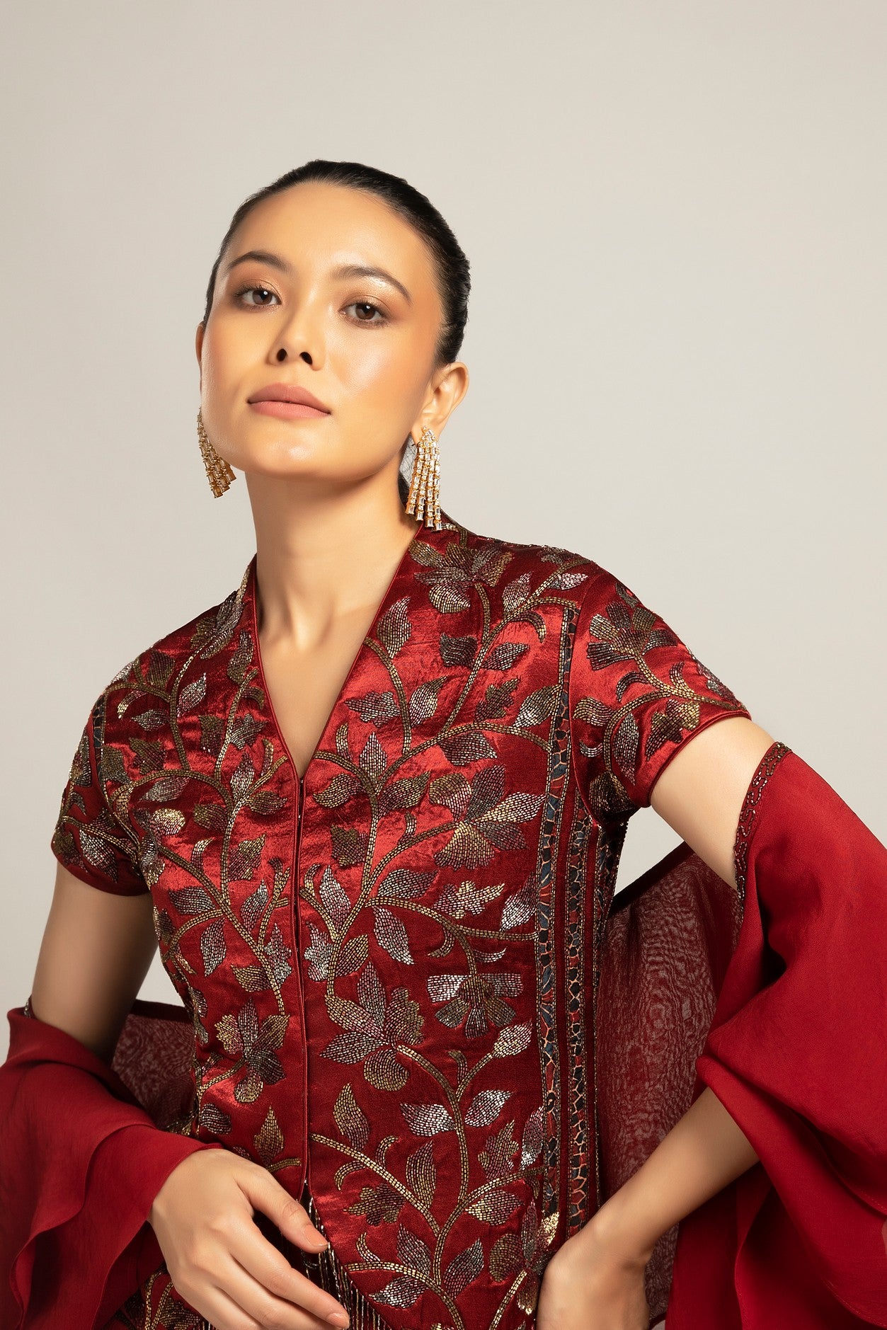 Luscious Maroon jacket with drape skirt Styled up with the ruffled dupatta