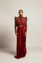 Elysian Maroon Draped gown saree With Short jacket