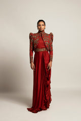 Elysian Maroon Draped gown saree With Short jacket