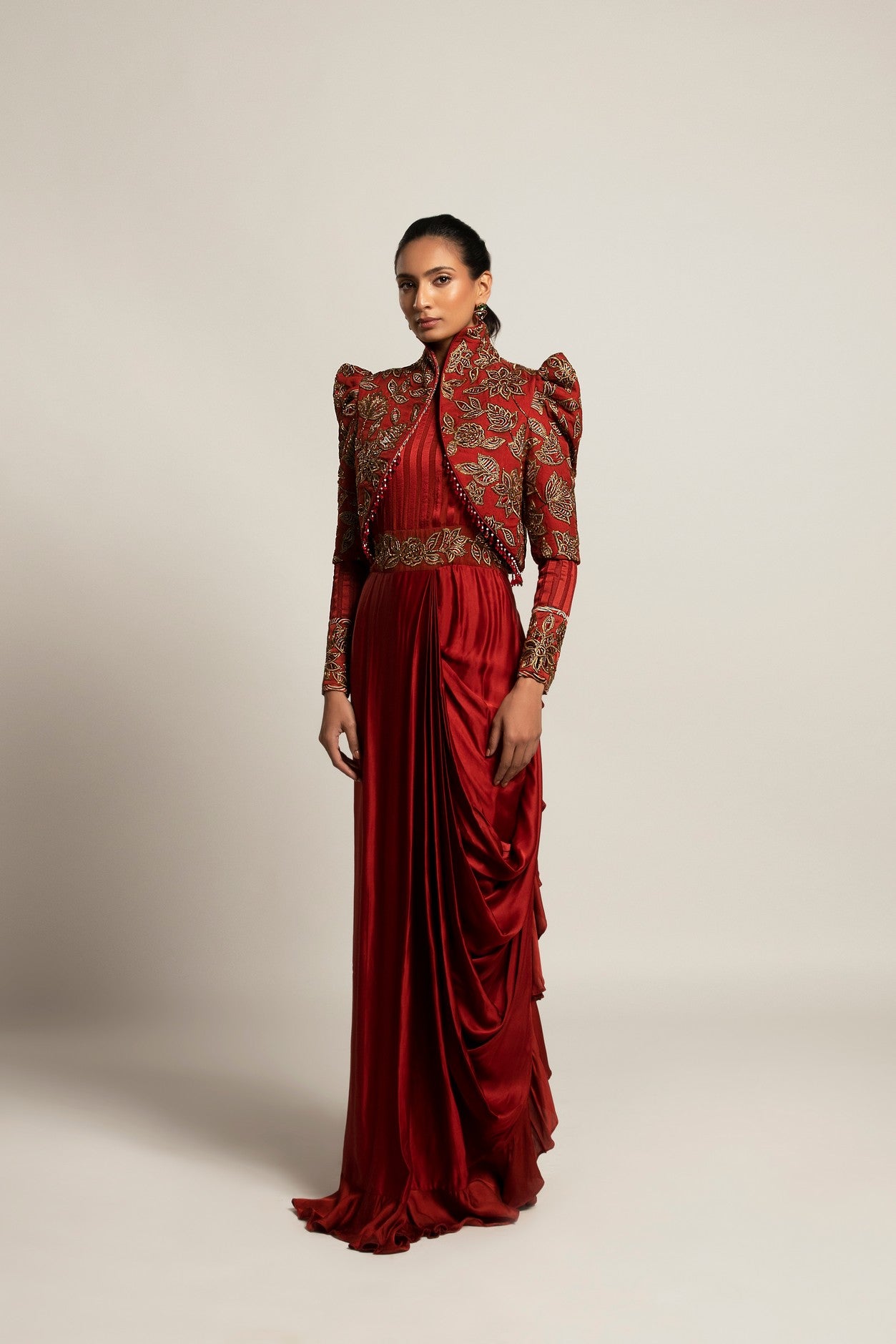 Elysian Maroon Draped gown saree With Short jacket
