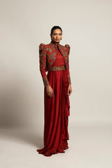 Elysian Maroon Draped gown saree With Short jacket