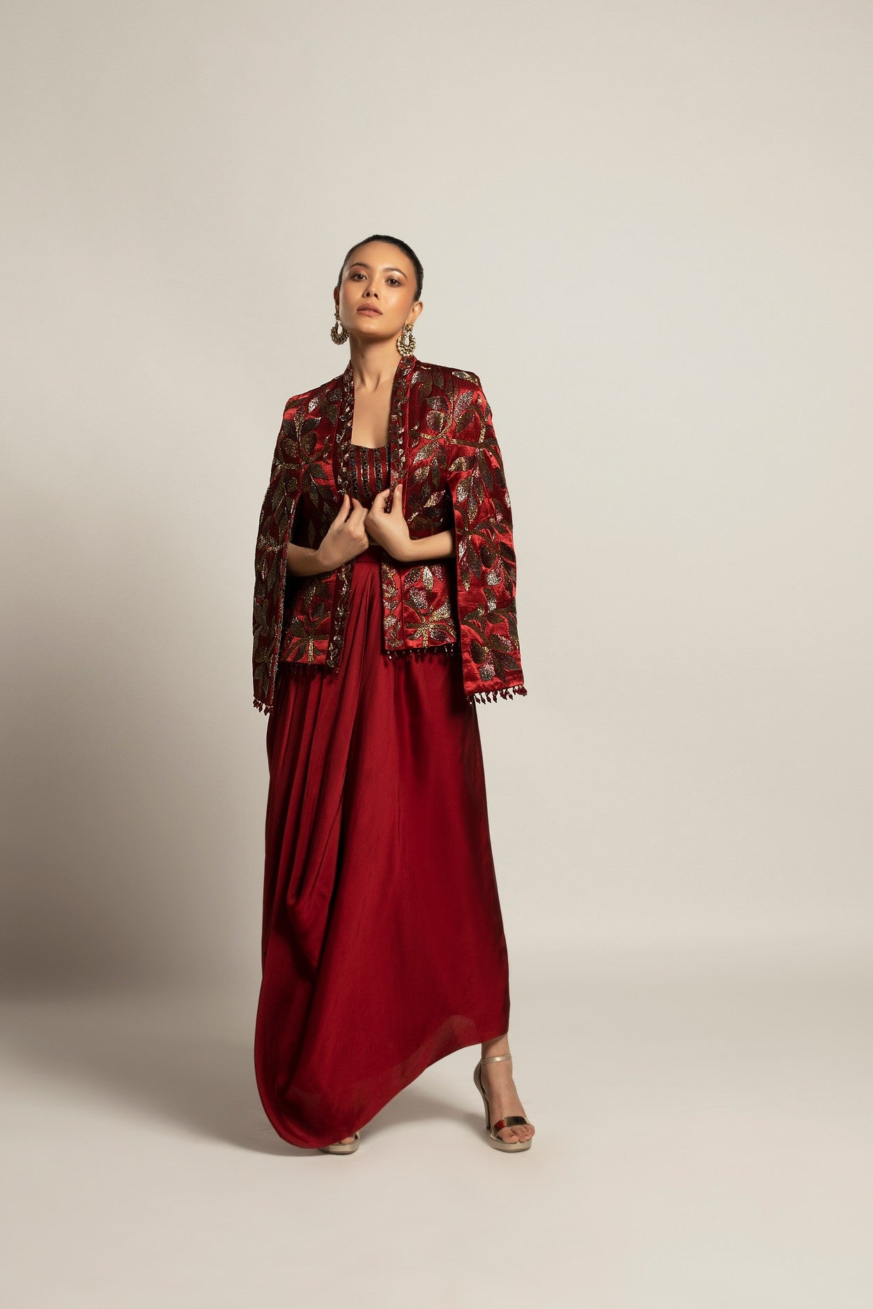 Rheia Maroon co-ord set with Cape jacket
