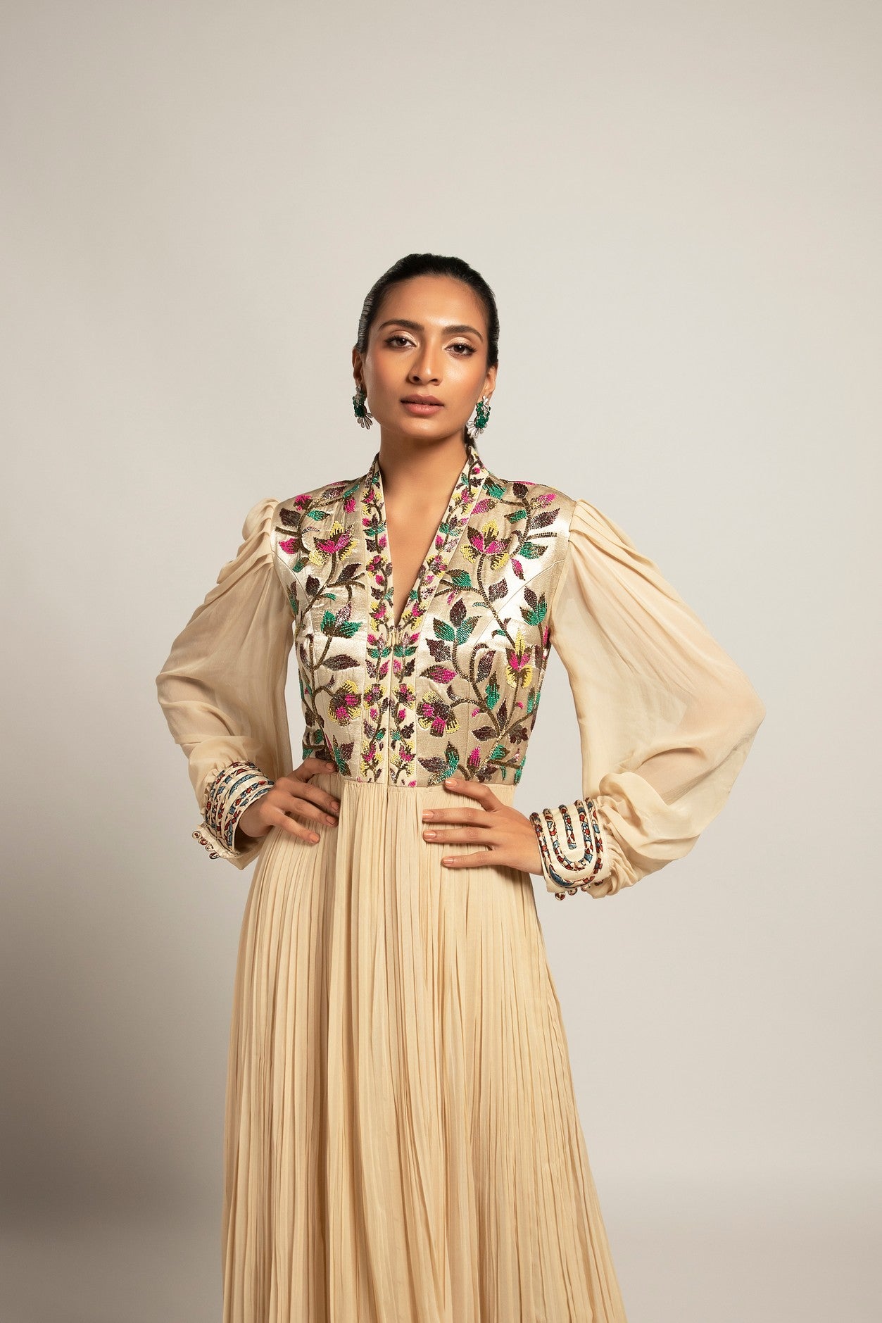 Debonair Hex beige gathered dress