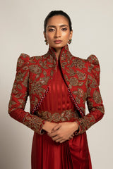 Elysian Maroon Draped gown saree With Short jacket