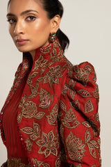 Elysian Maroon Draped gown saree With Short jacket