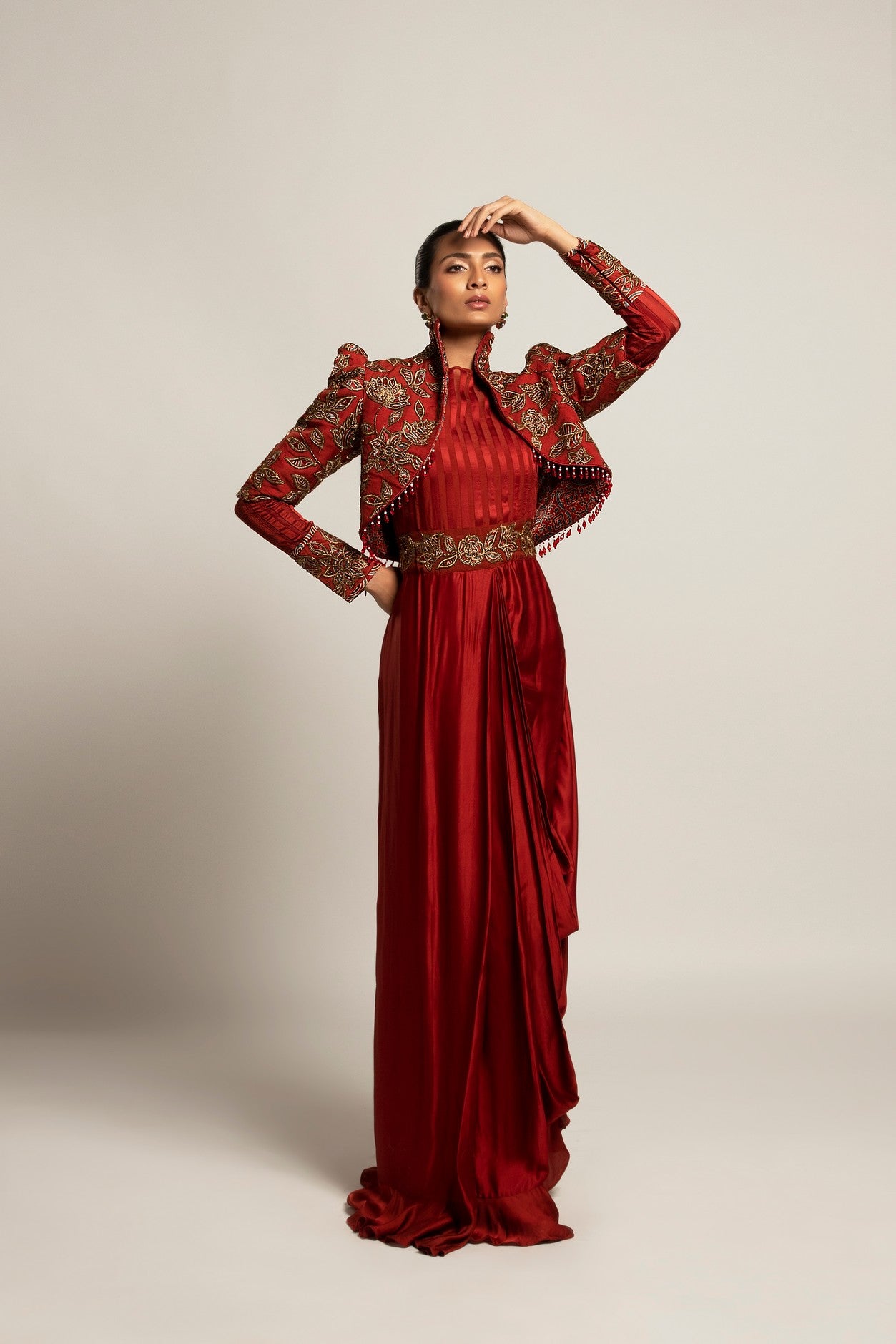 Elysian Maroon Draped gown saree With Short jacket